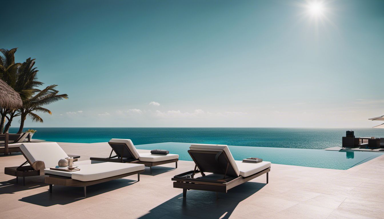 A Picturesque Poolside Scene With Sun Loungers And A Stunning View Of The Turquoise Ocean.