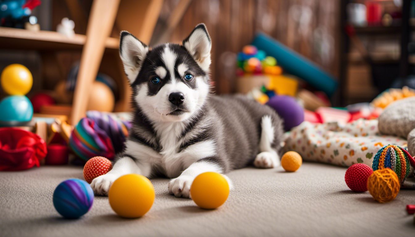 A cute Husky puppy surrounded by toys in a colorful backdrop.