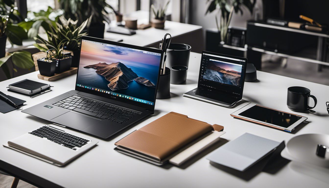 A sleek laptop surrounded by office supplies in a busy environment.