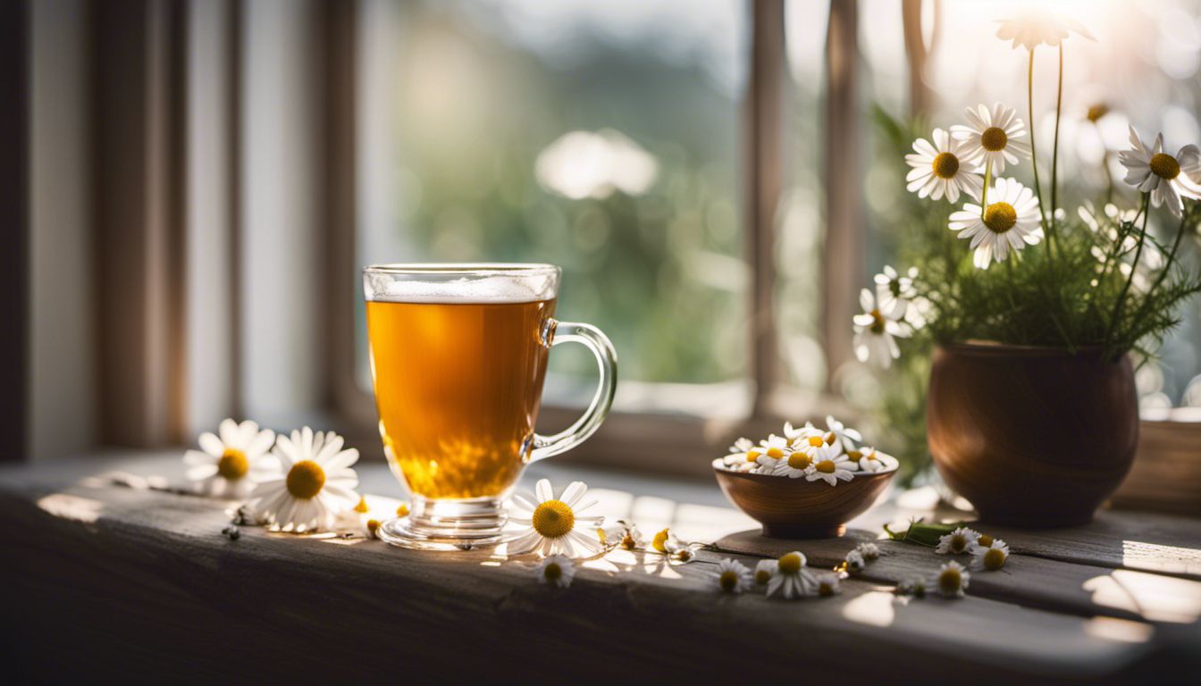 A cup of Chamomile tea on a bench by the window