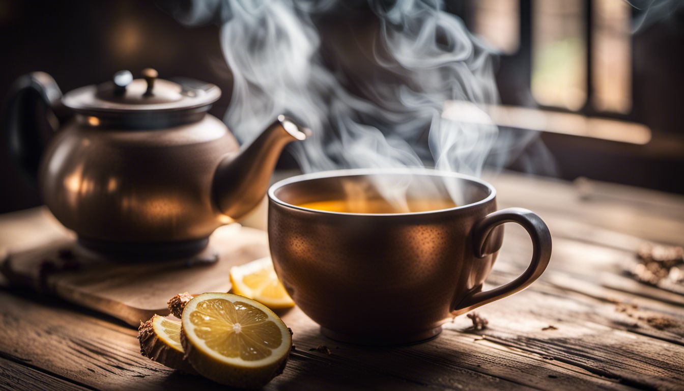 A cup of ginger tea on a rustic wooden table.