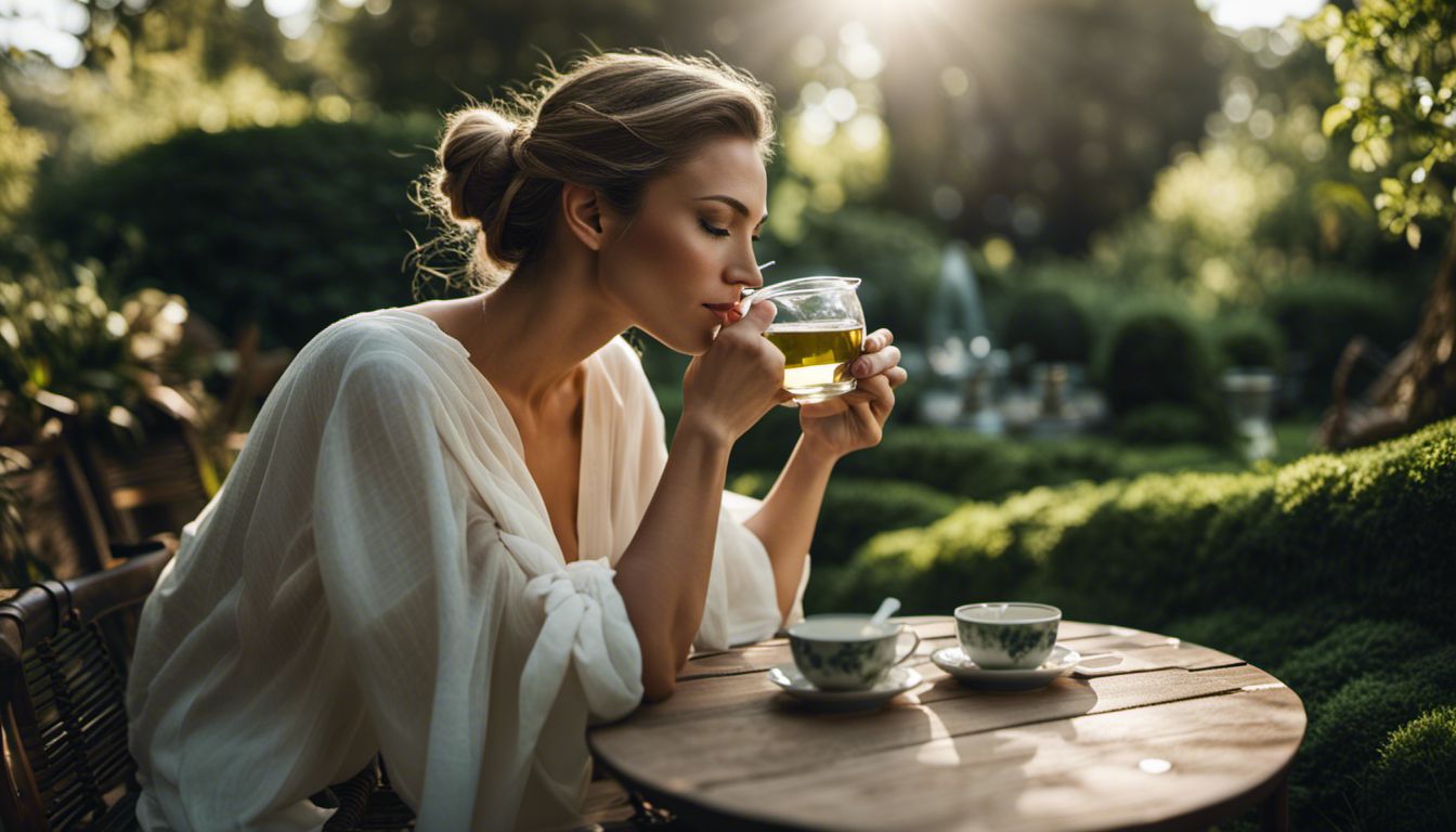 A person enjoying green tea in a peaceful garden setting.