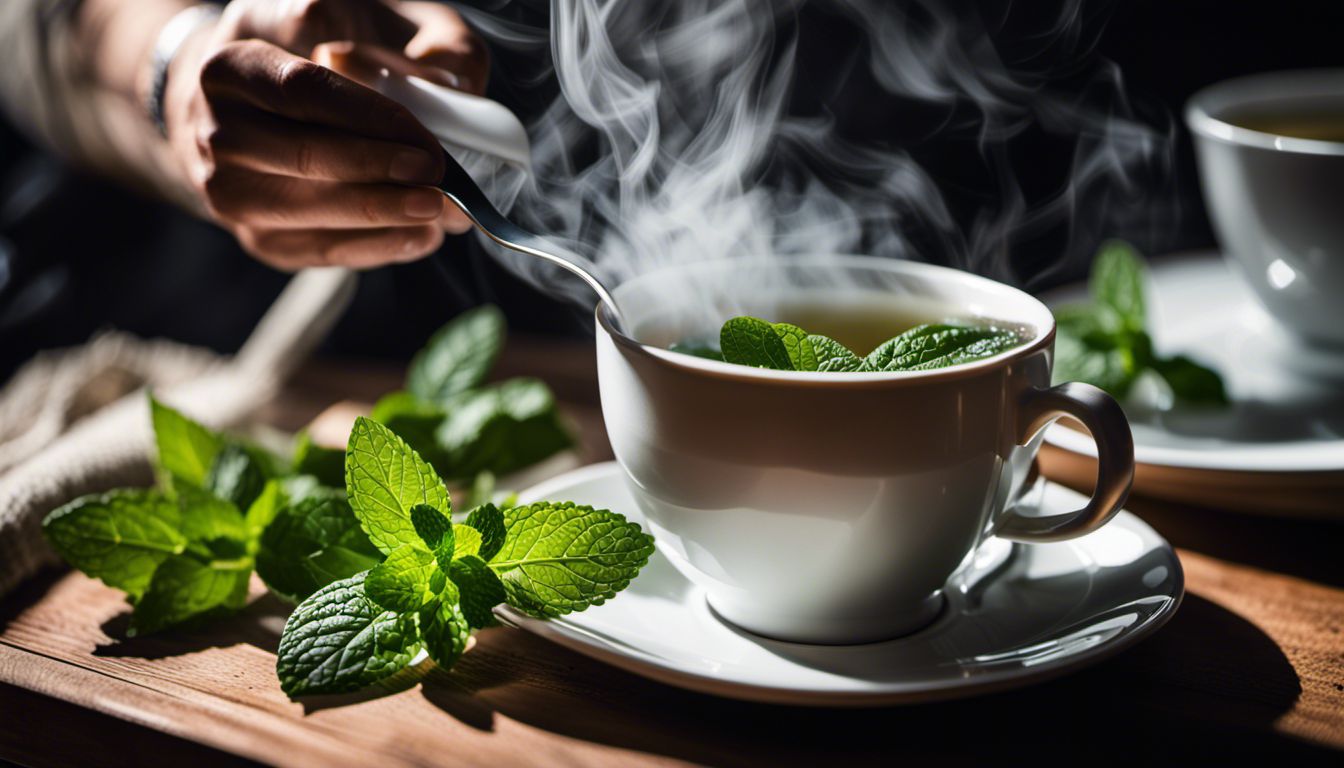 Close-up of steaming peppermint tea with fresh mint leaves.