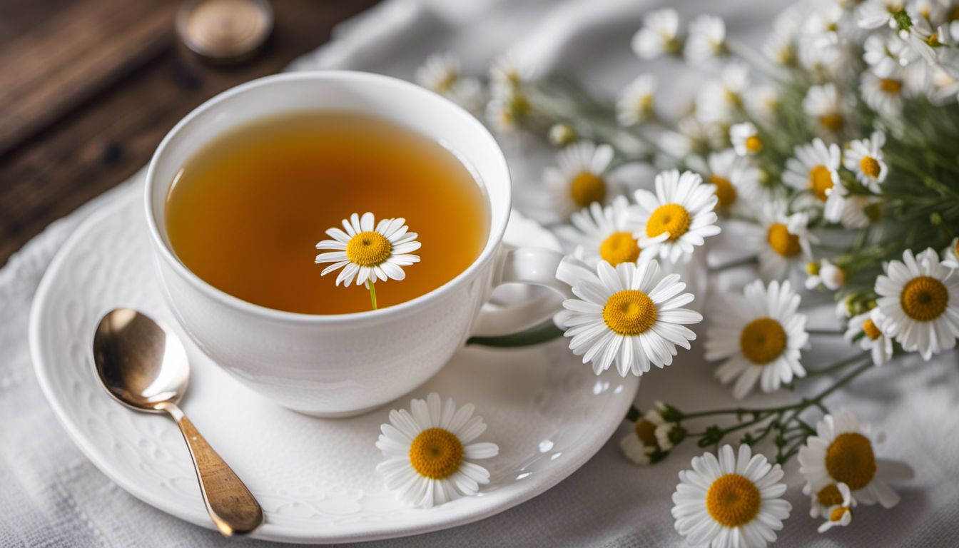 A cup of chamomile tea with honey in a nature-themed photo.