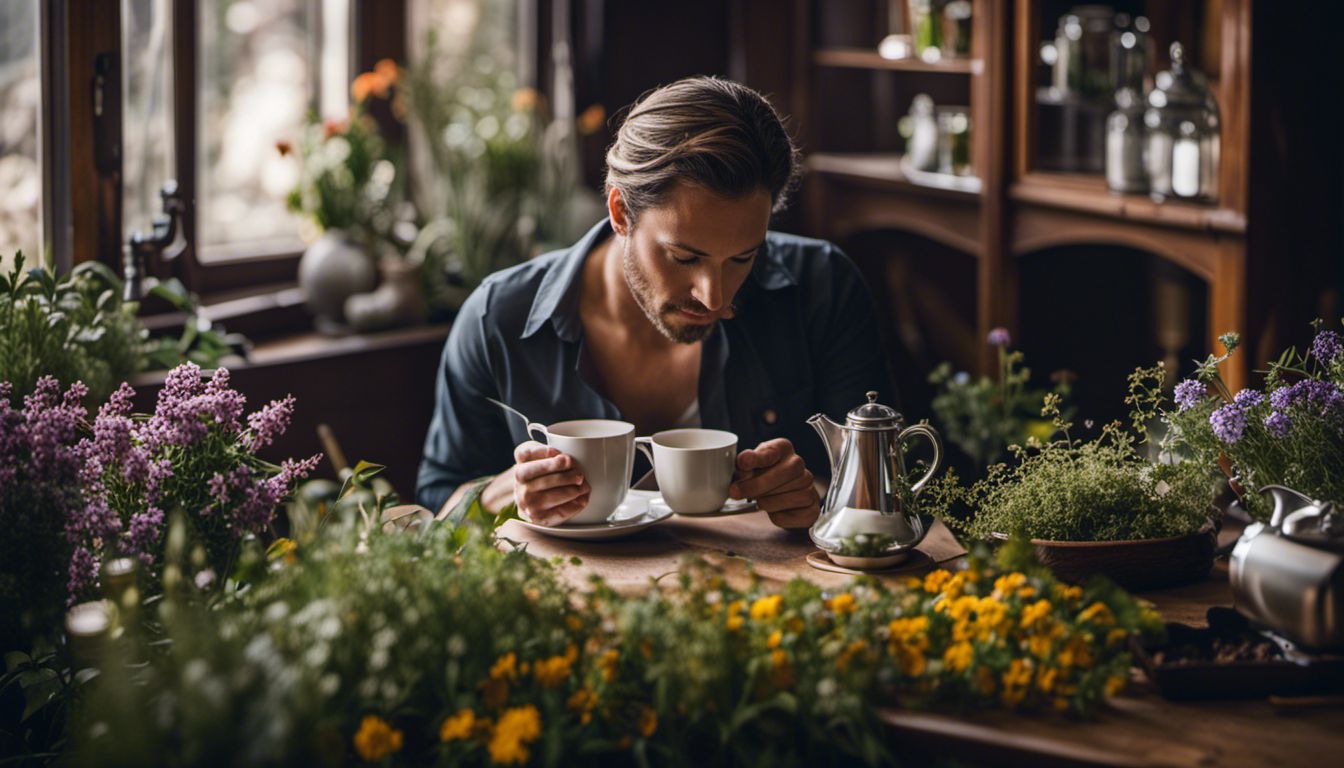 A person smelling herbal tea surrounded by aromatic herbs and flowers.
