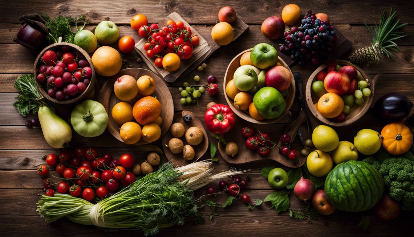 Freshly harvested fruits and vegetables arranged on a rustic table.