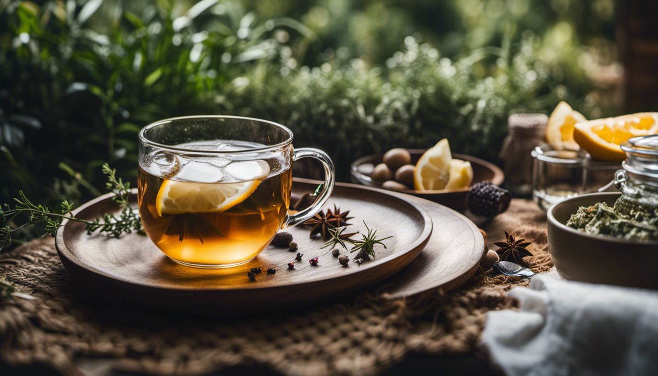 A cup of water with a herbal tea bag and fresh ingredients.