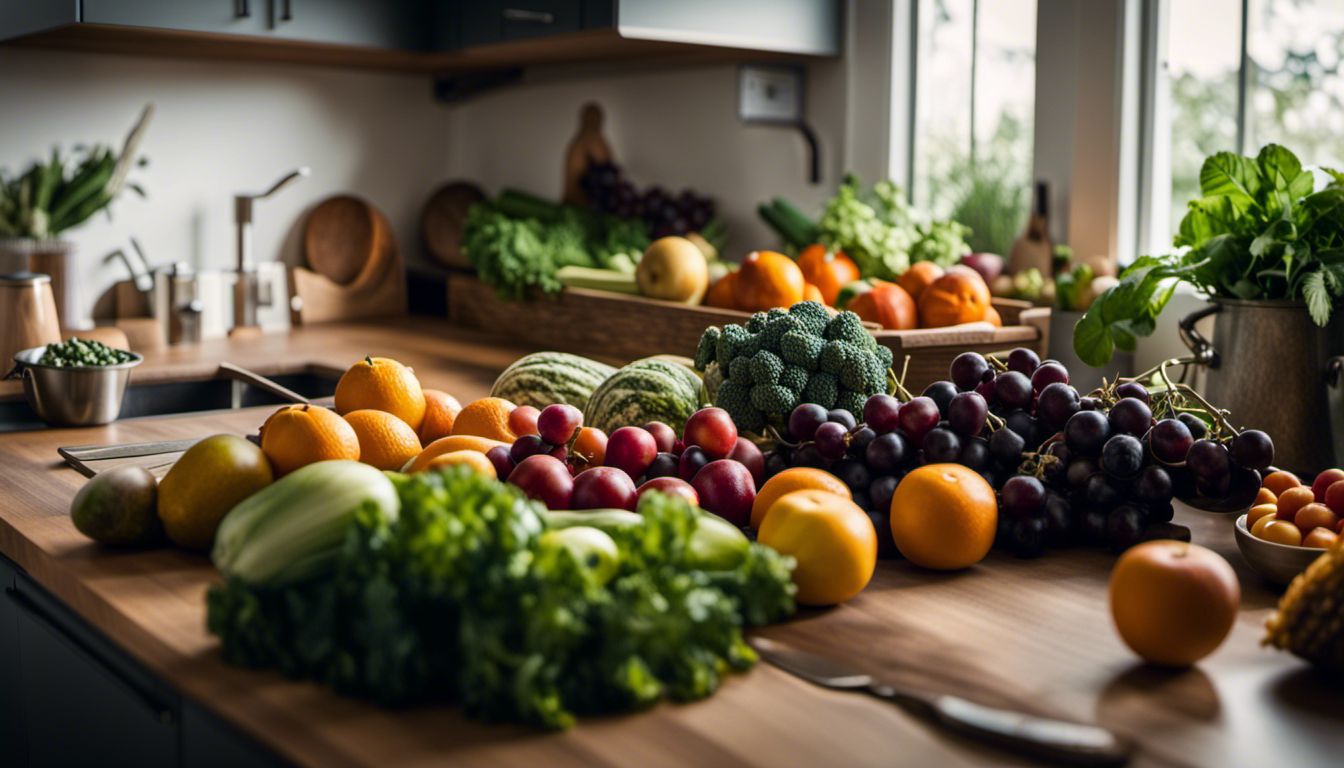 A vibrant display of fruits and vegetables in a bustling kitchen.