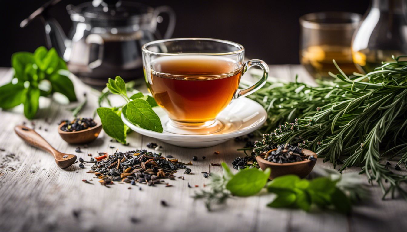 A cup of Iaso tea surrounded by fresh herbs and ingredients.