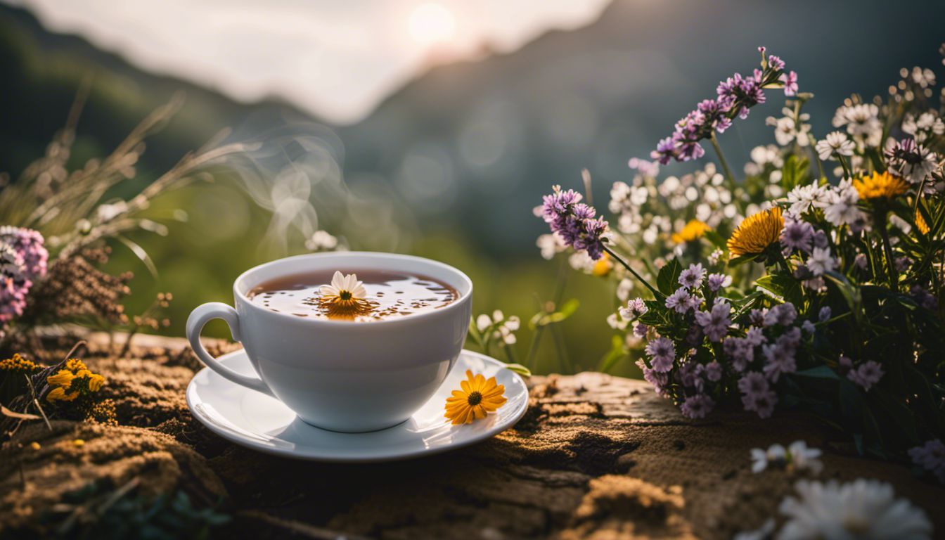 Hot lactation tea with herbs and flowers in a calming environment.