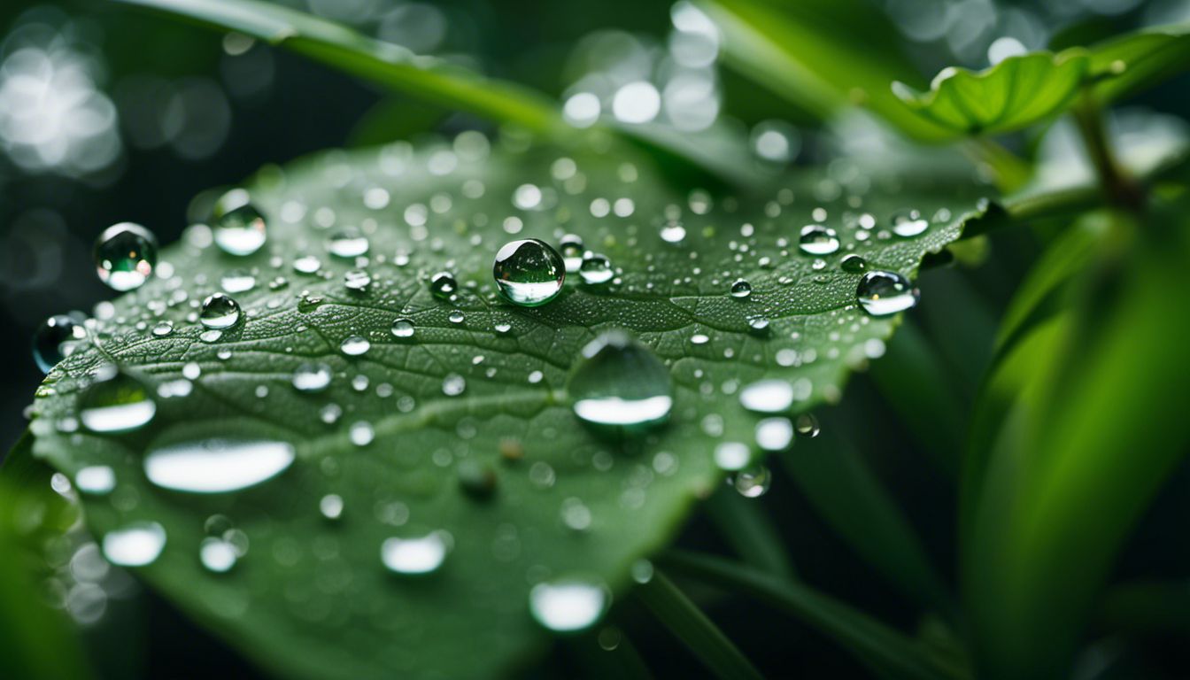 Close-up of water droplets on a green leaf in nature.