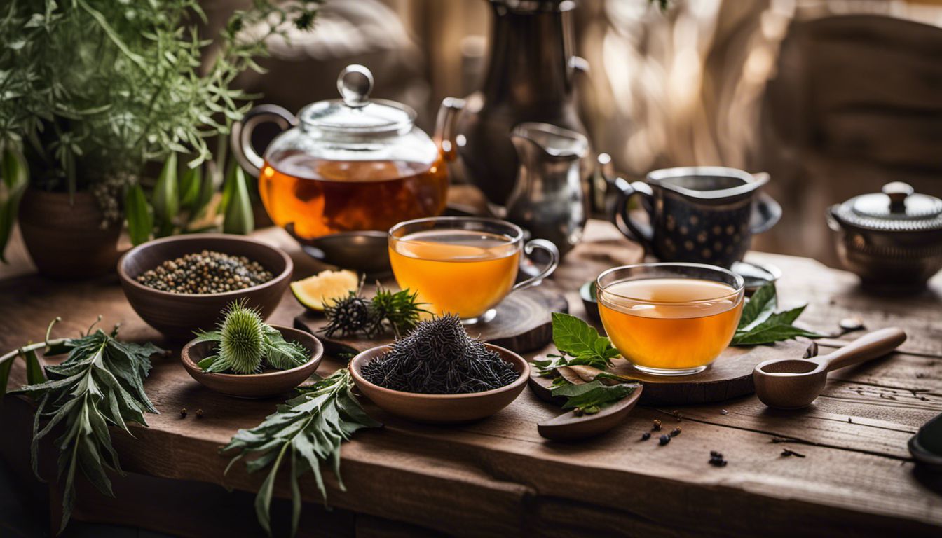 An assortment of herbal tea ingredients arranged on a wooden table.