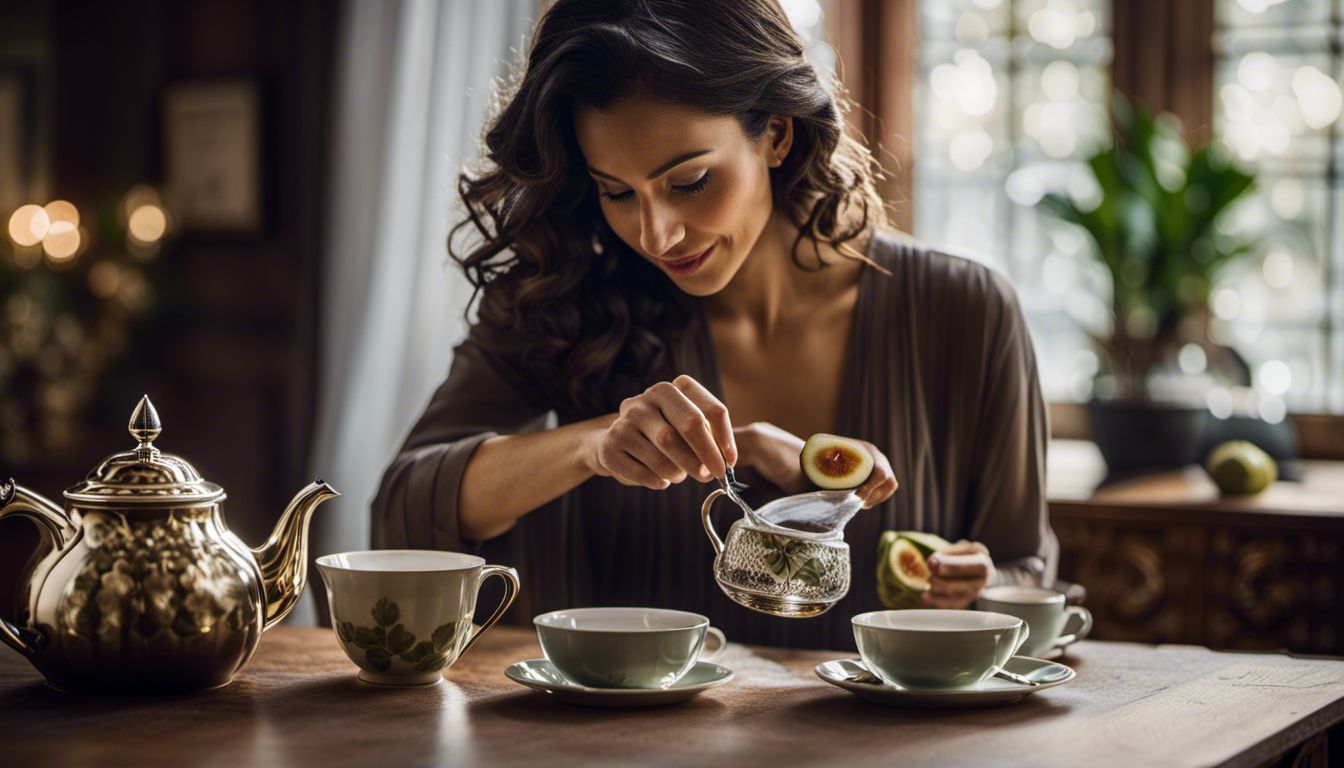 Caucasian woman pouring fig leaf tea into a delicate teacup.