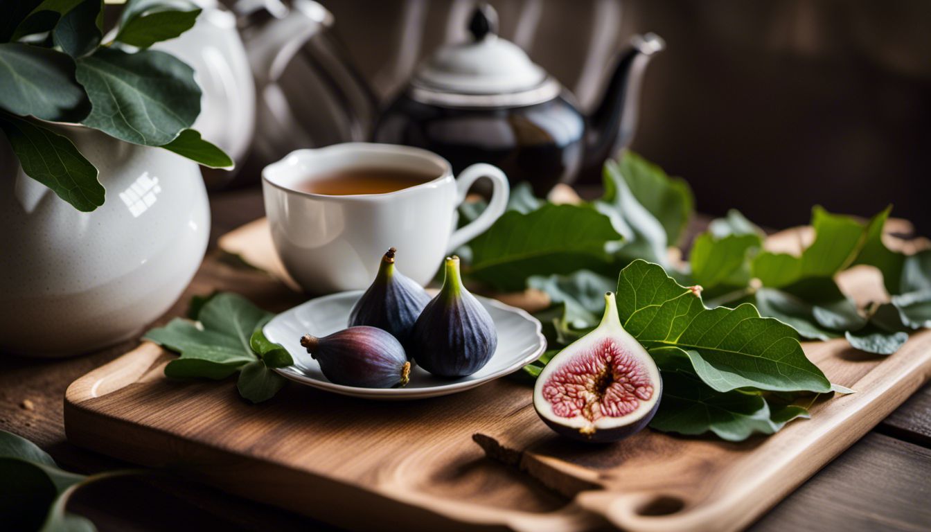 Freshly picked fig leaves on a wooden cutting board with tea.