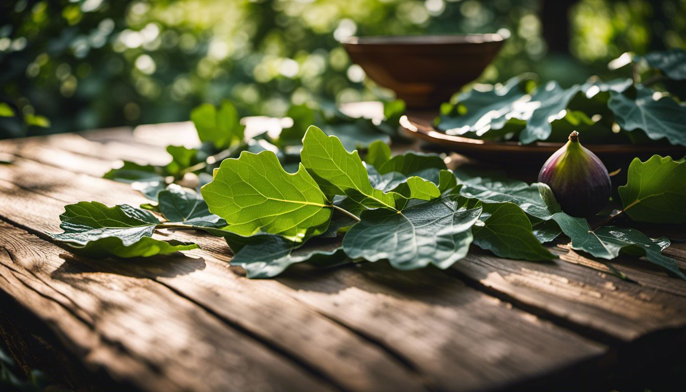 How to make Fresh Fresh Fig Leaf Tea?
 fig leaves scattered on a wooden table in a garden.