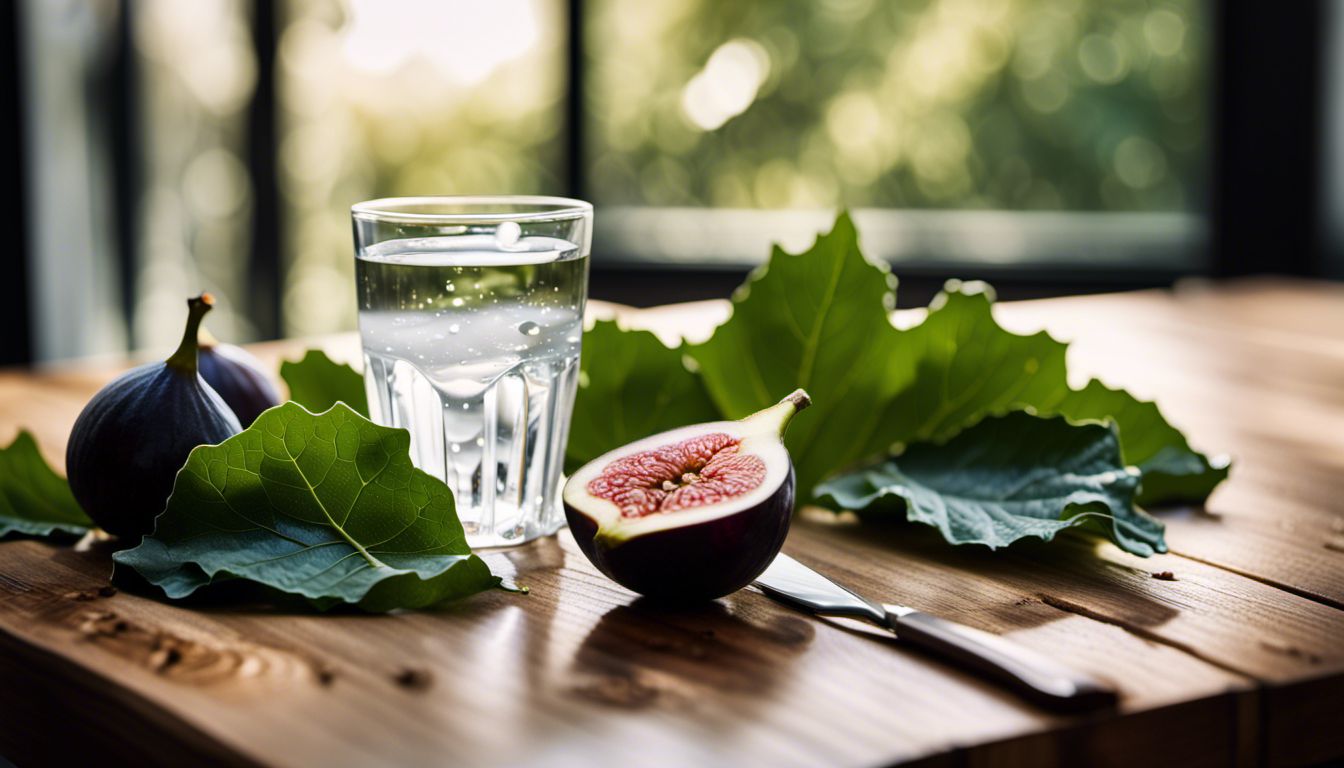 Fresh fig leaves on a cutting board with a glass of water.