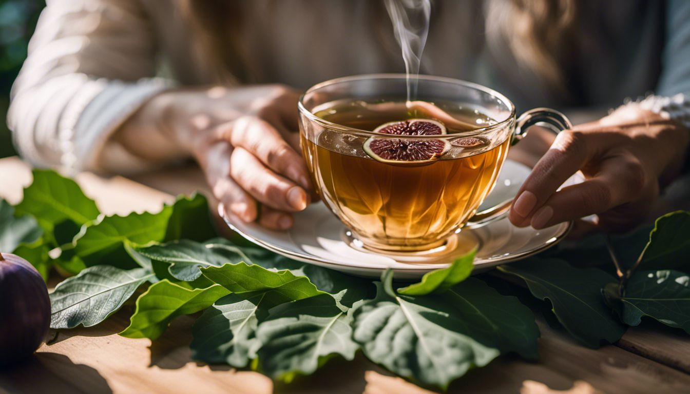 A cup of fig leaf tea surrounded by fresh fig leaves and fruits.