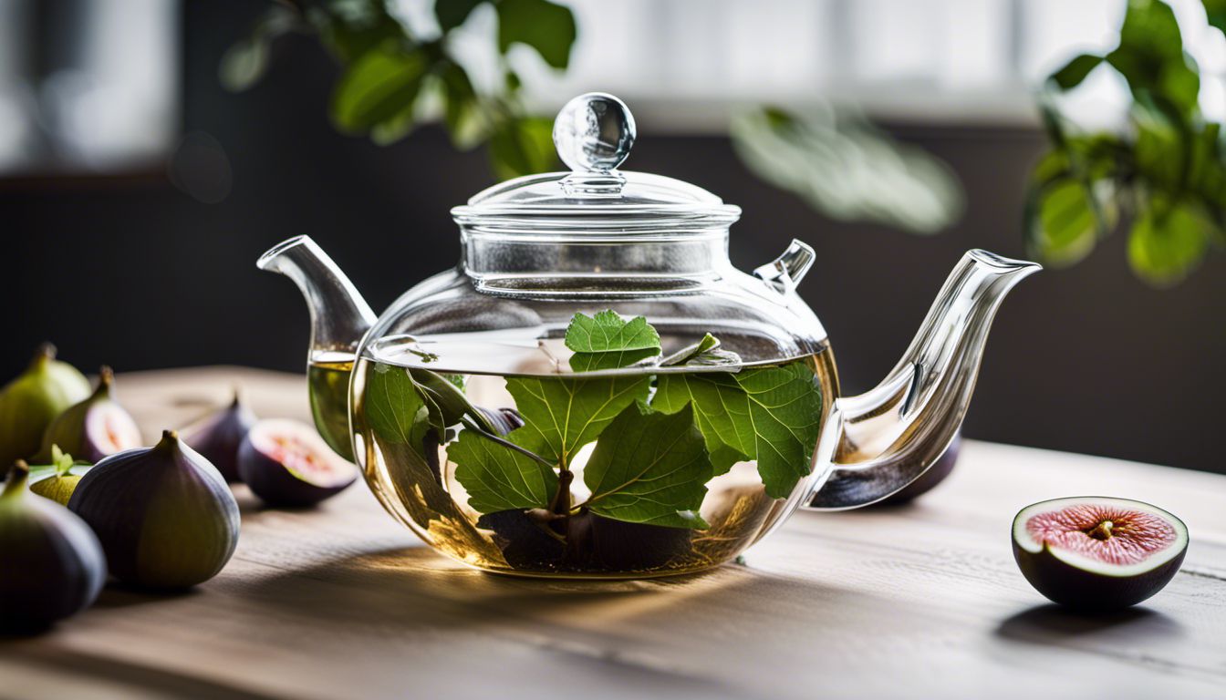 Fresh fig leaves floating in a glass teapot captured in 8K.