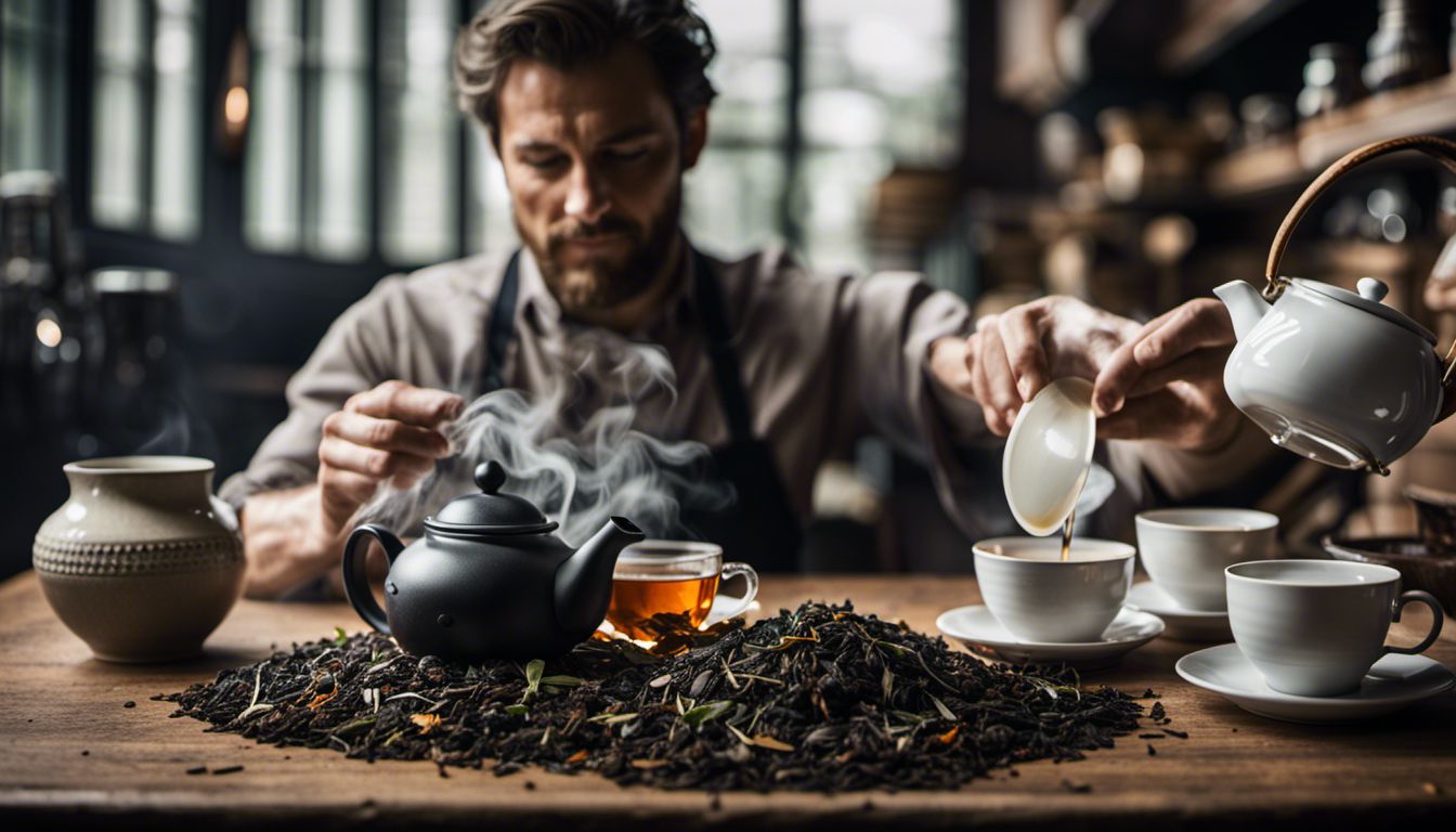 A man brewing tea on a rustic table