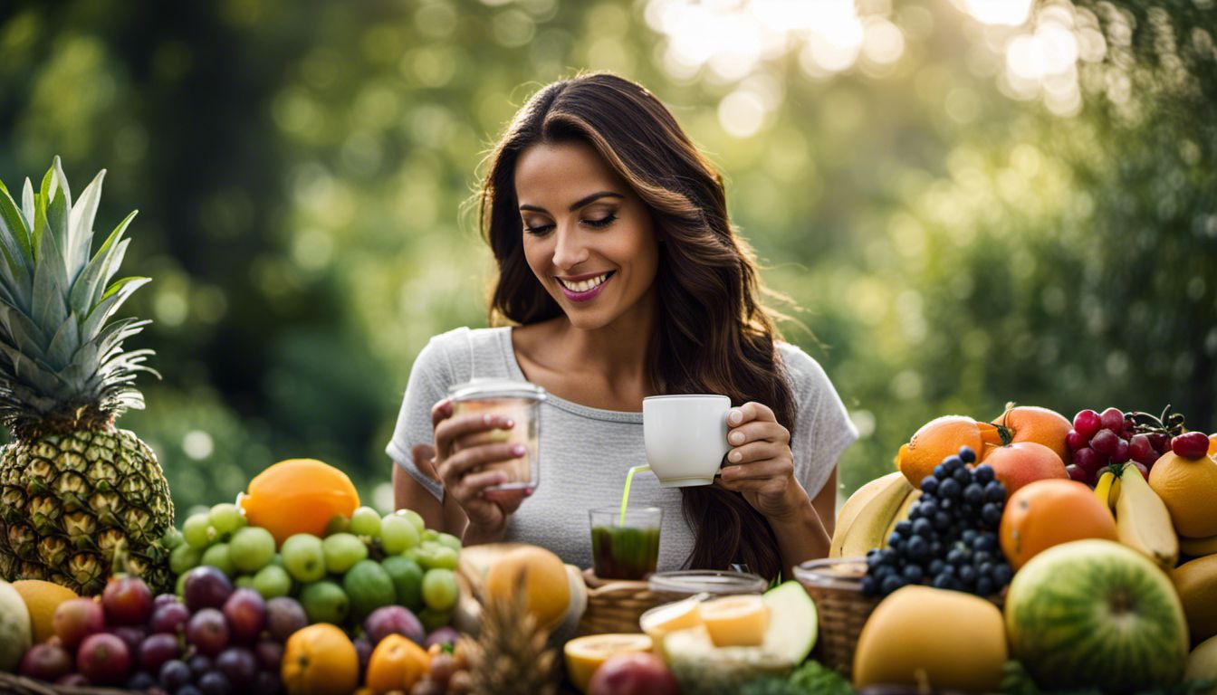 A lady drinking tea surrounded by an assortment of fruit