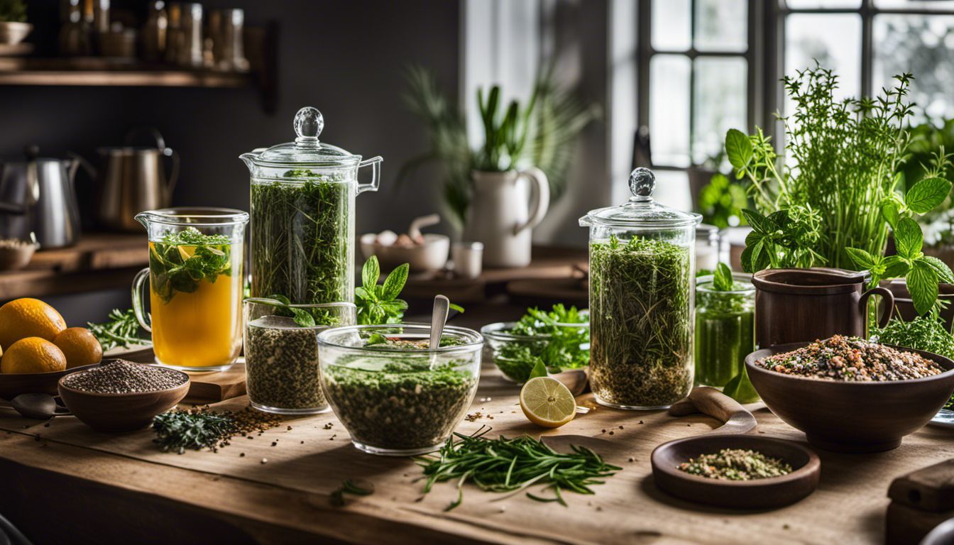 A table full of herbs and spices along with a pitcher of tea