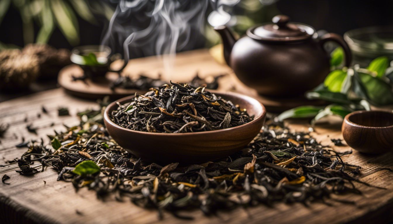 A bowl of herbs next to pot of hot tea