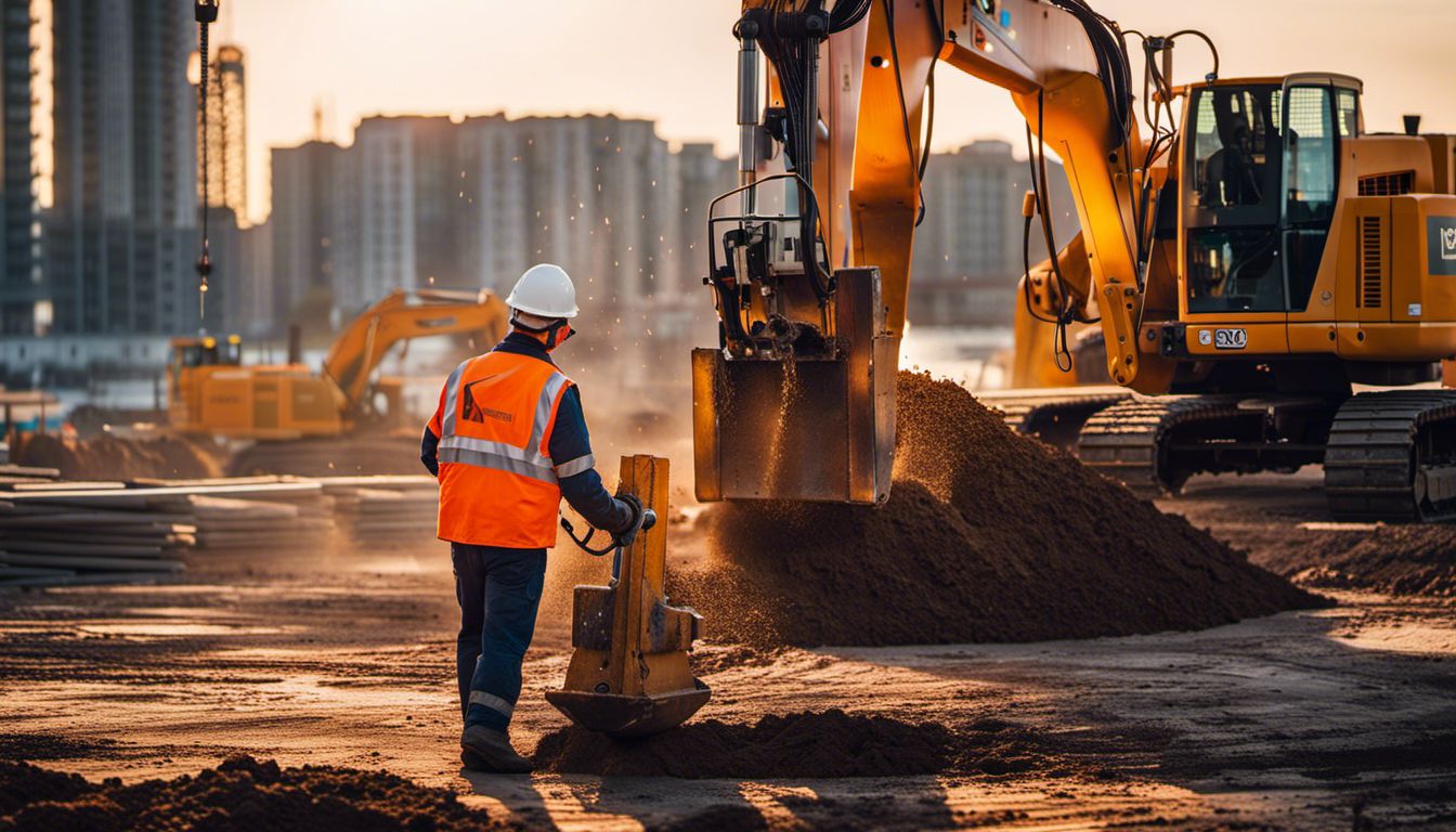 Construction worker operating piling machine on busy construction site at sunset.