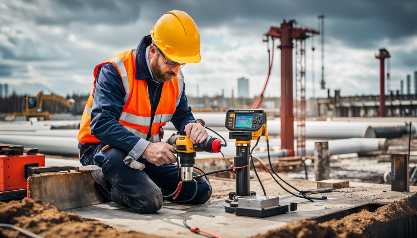 Construction engineer conducting ultrasonic testing on concrete pile.