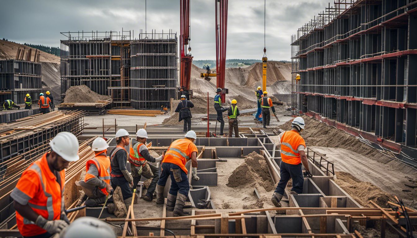 Construction workers installing pre-cast concrete piles at a bustling construction site.