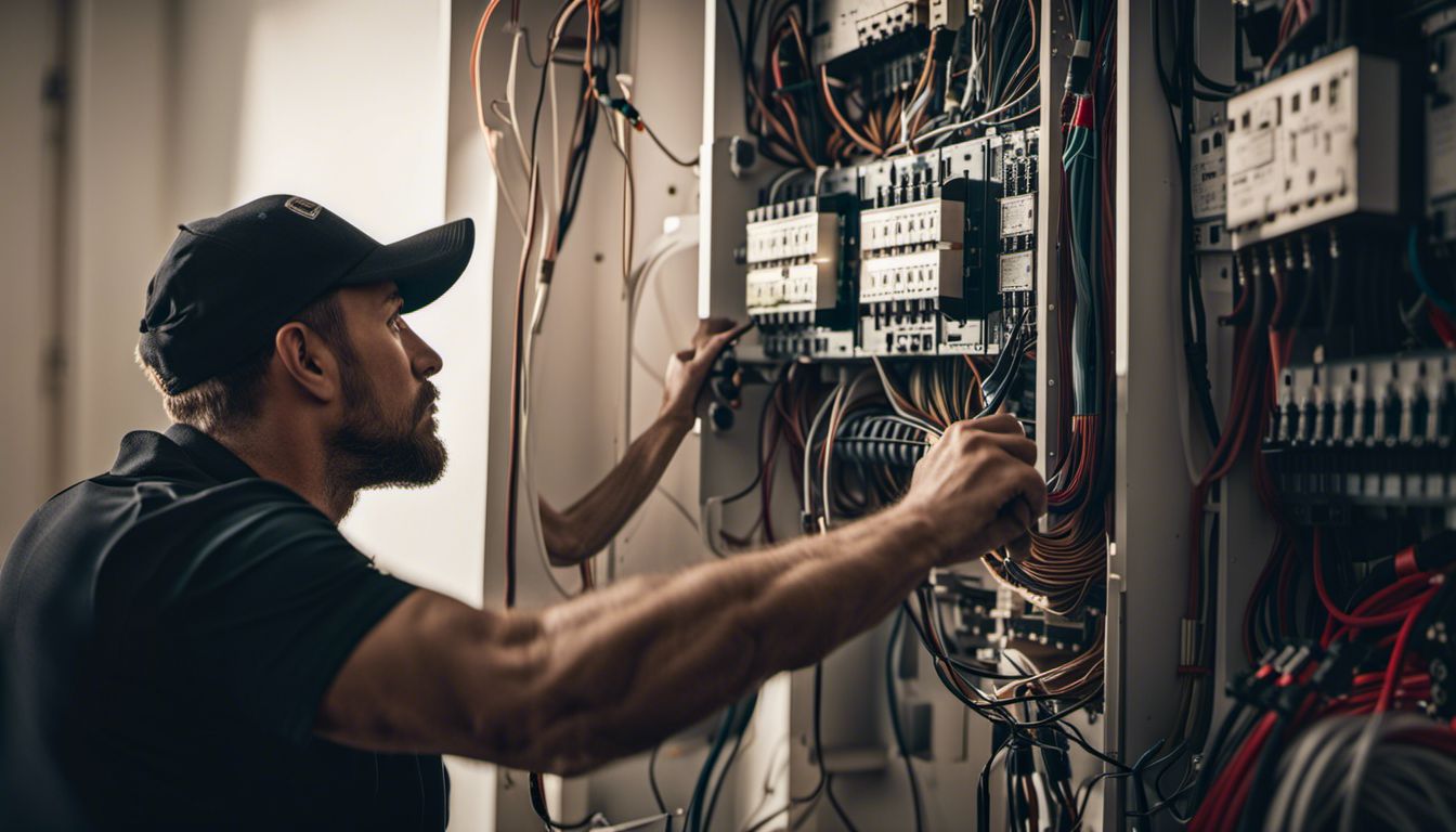 An electrician examining wiring behind a dimmer switch in well-lit room.