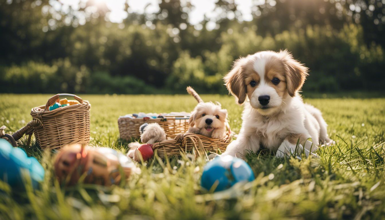 Image of a lively and cute puppy enjoying playtime in a green meadow filled with toys. The scene includes various toy faces, hair styles, and outfits, creating a charming and joyful atmosphere.