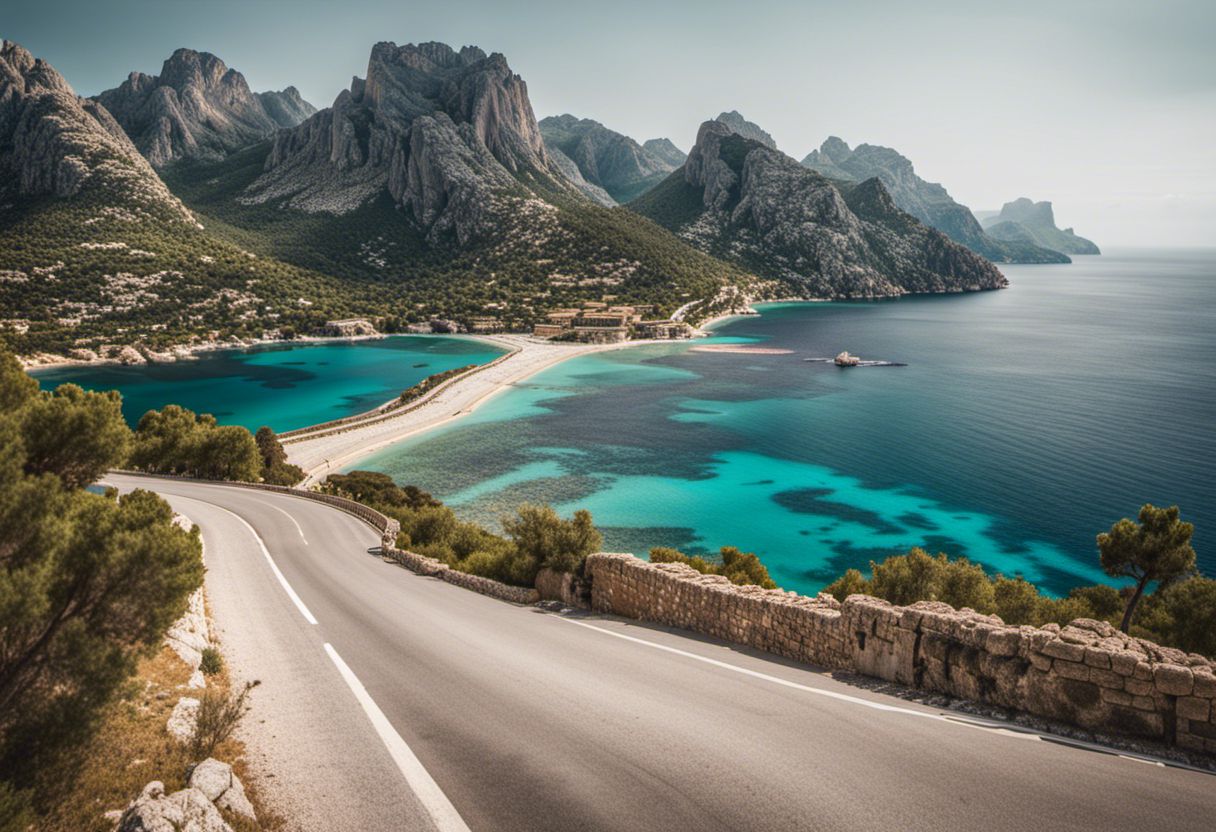 Una pintoresca carretera costera a lo largo del Port de Pollensa hasta el Cap de Formentor, mostrando a varias personas con diferentes looks y atuendos.