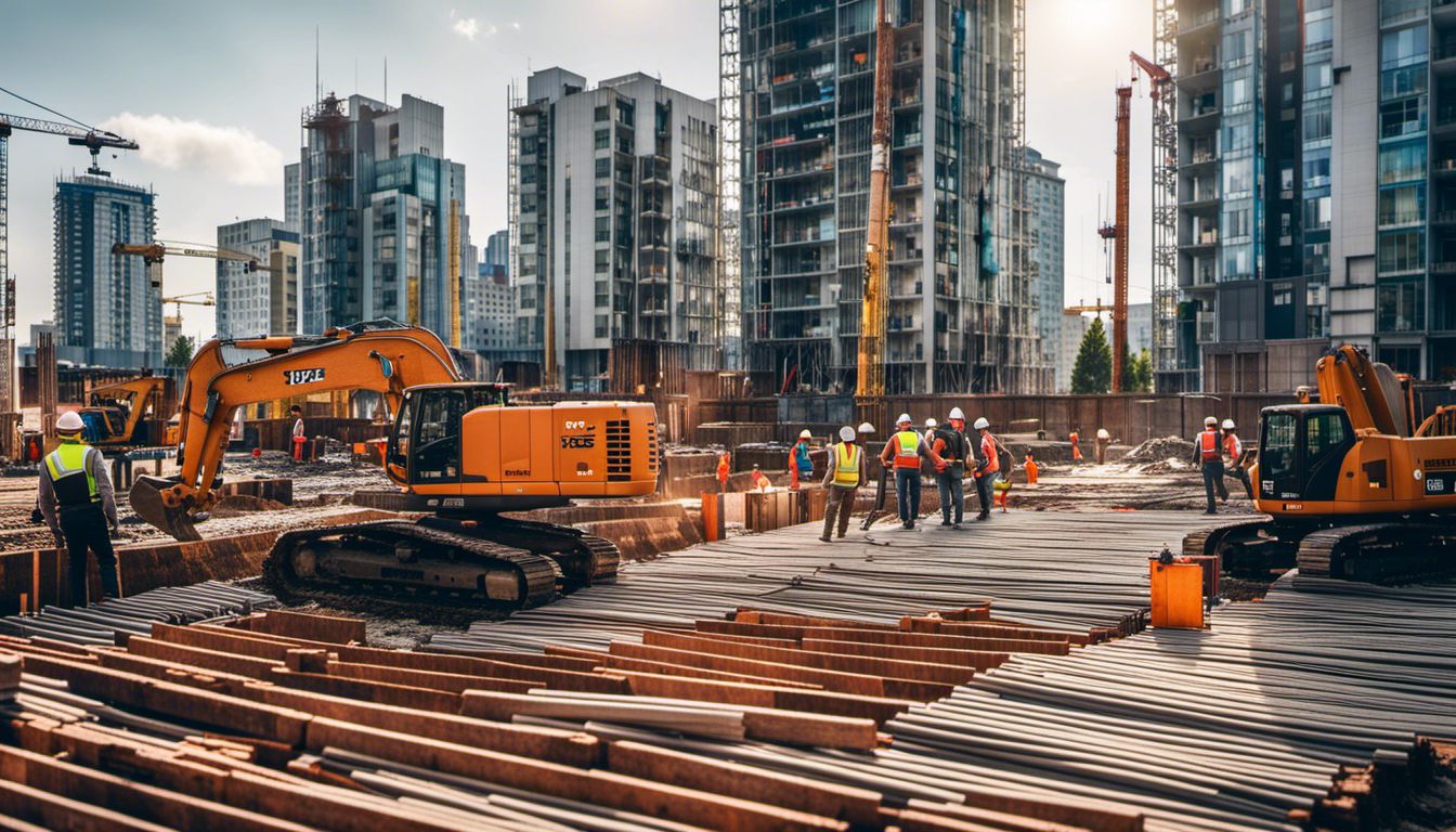 Construction workers installing piling walls at a bustling city construction site.