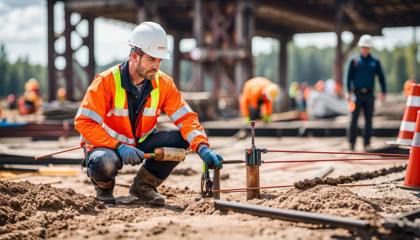 Construction worker conducting pile testing on a bustling construction site.