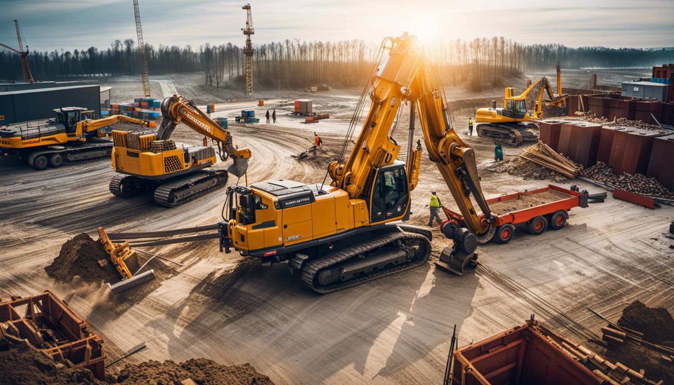 Photograph of a pile driving machine surrounded by construction equipment.