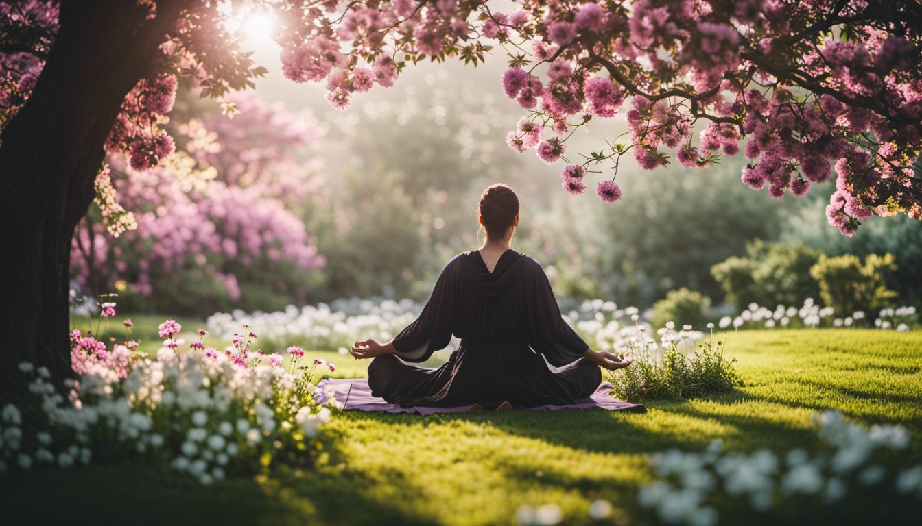 A person meditating in a peaceful garden surrounded by blooming flowers.