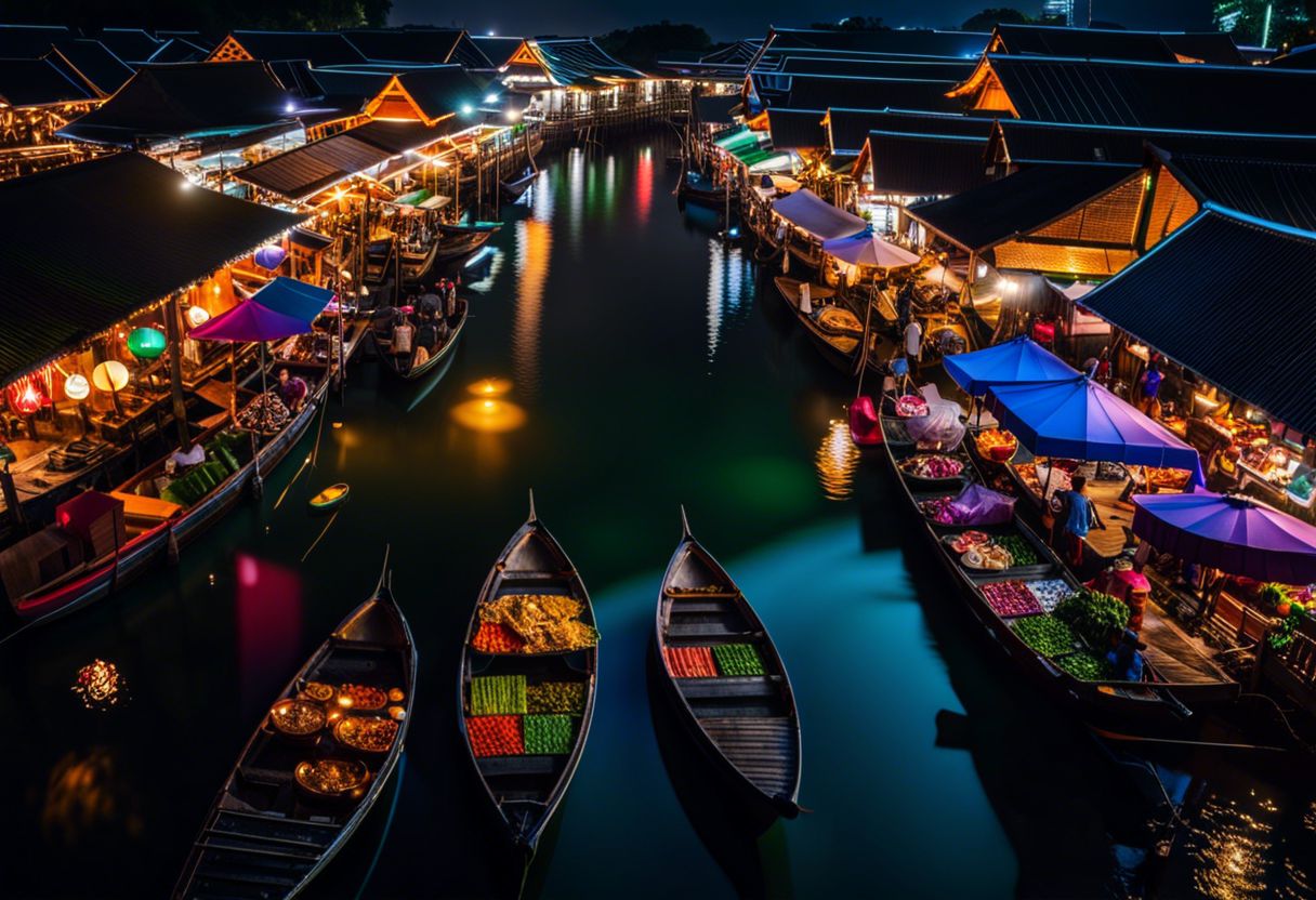 A colorful night view of Pattaya Floating Market without human presence.