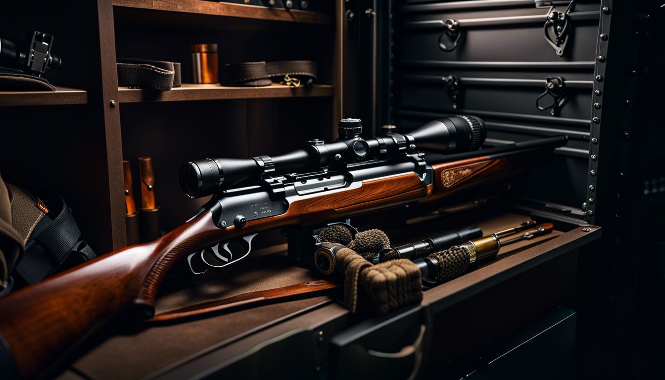 A hunting rifle and accessories securely stored in a gun safe.