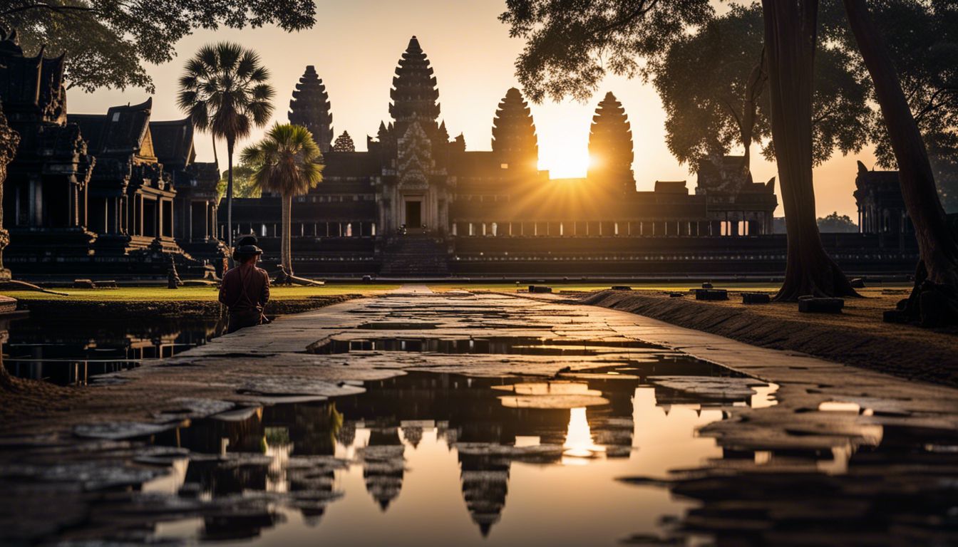 The stunning Angkor Wat temple at sunrise, captured in a landscape photograph with a wide-angle lens.