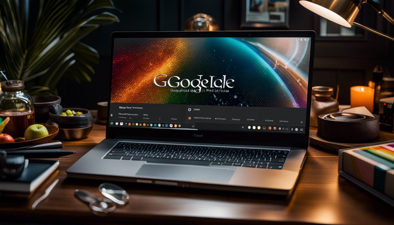 Photograph of a laptop displaying a Google Ads interface and digital marketing elements.