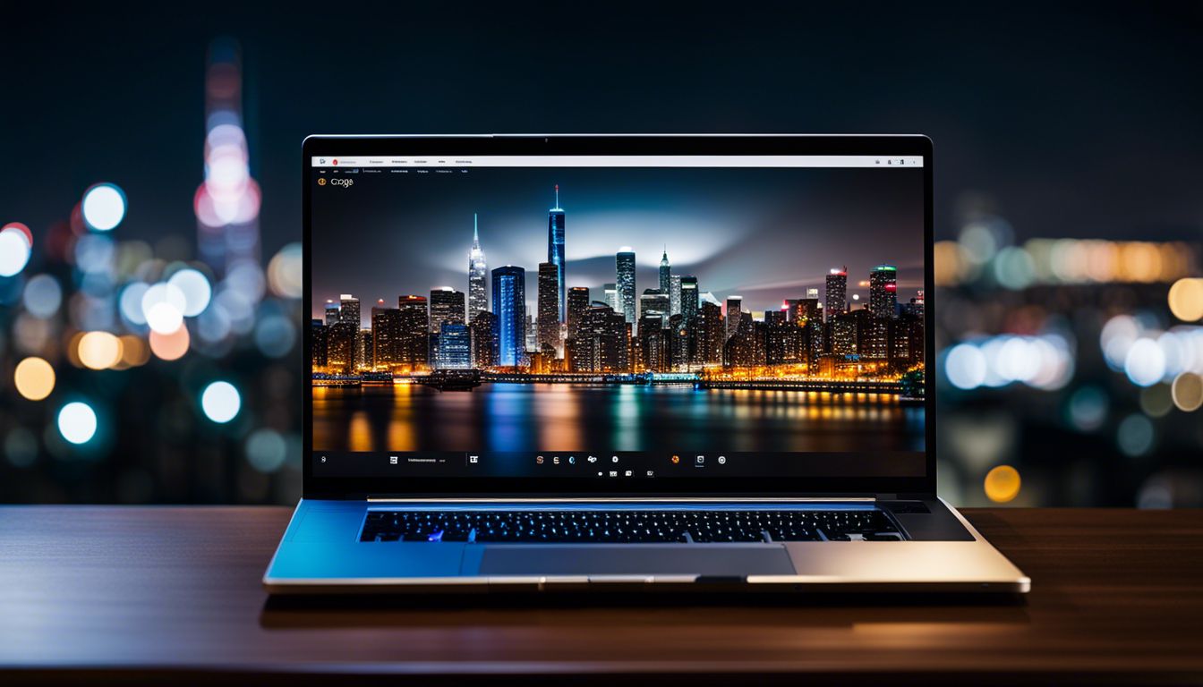 Cityscape photography with illuminated laptop showing Google Ads interface.