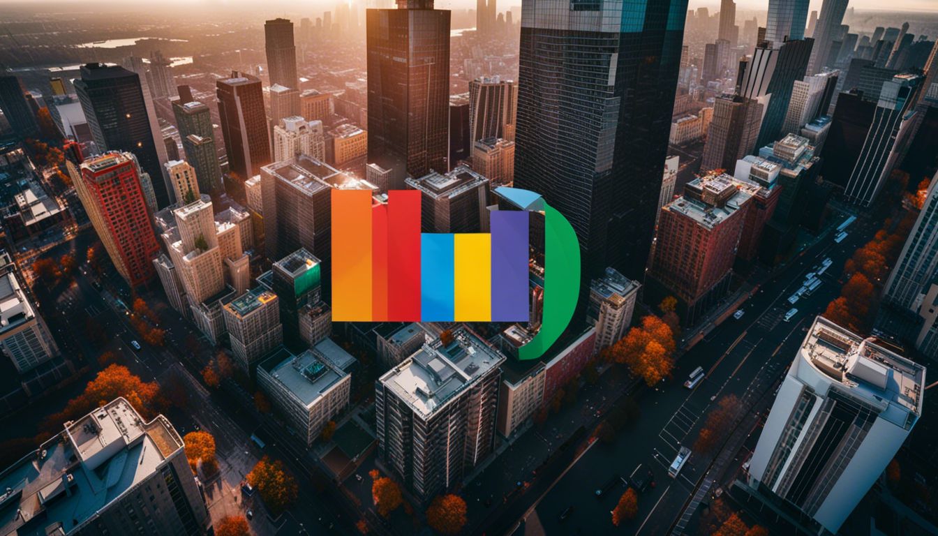 Aerial photo of colorful Google Ad campaign above city skyscrapers.