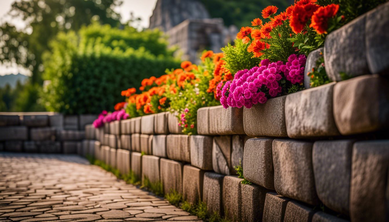 Stone retaining wall surrounded by lush greenery and colorful flowers.
