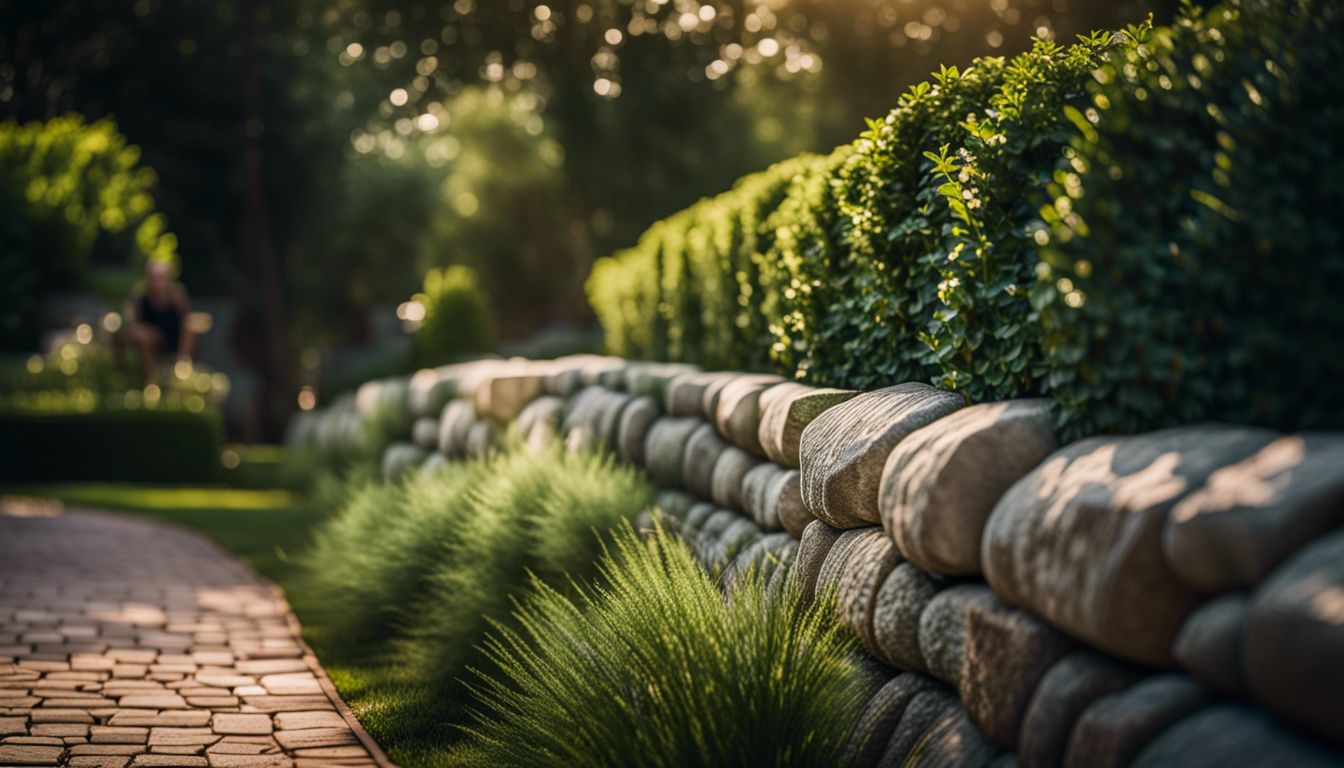 A natural stone retaining wall blending into a lush garden landscape.