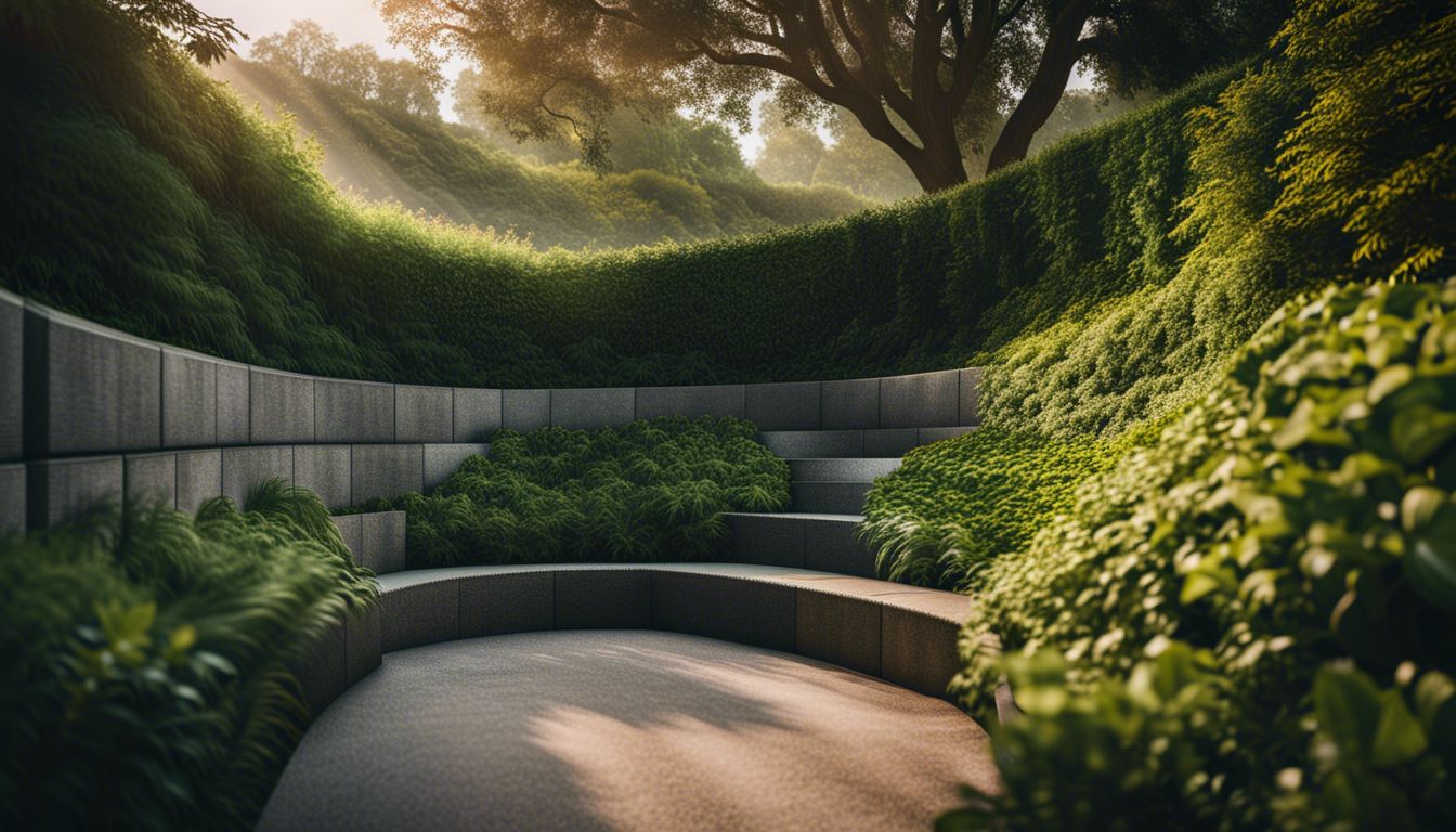 A concrete block retaining wall with lush greenery as backdrop.