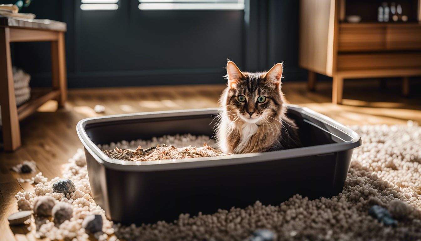 Gelukkige kat die in een schone kattenbak speelt met verschillende opties voor kattenbakvulling.