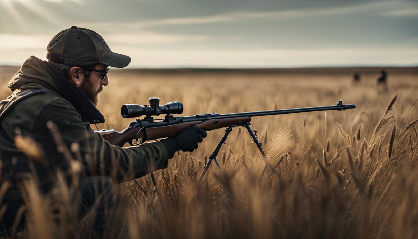 Hunter aiming rifle in open field, wildlife photography, no focus on face.