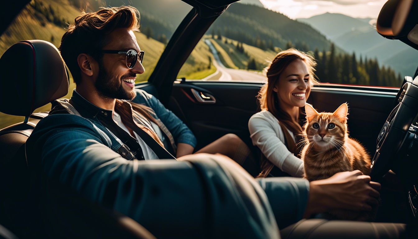 A couple and their cat enjoying a scenic road trip.