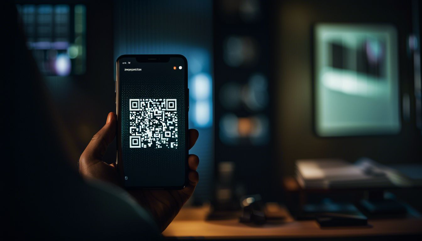Close-up of a smartphone displaying a suspicious QR code in dim light.