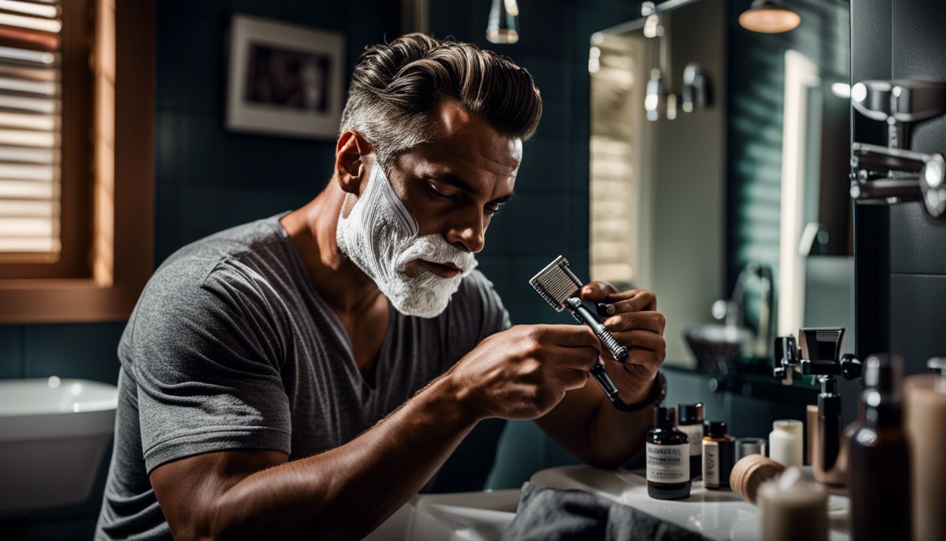Man shaving with eco-friendly products in a bustling bathroom environment.